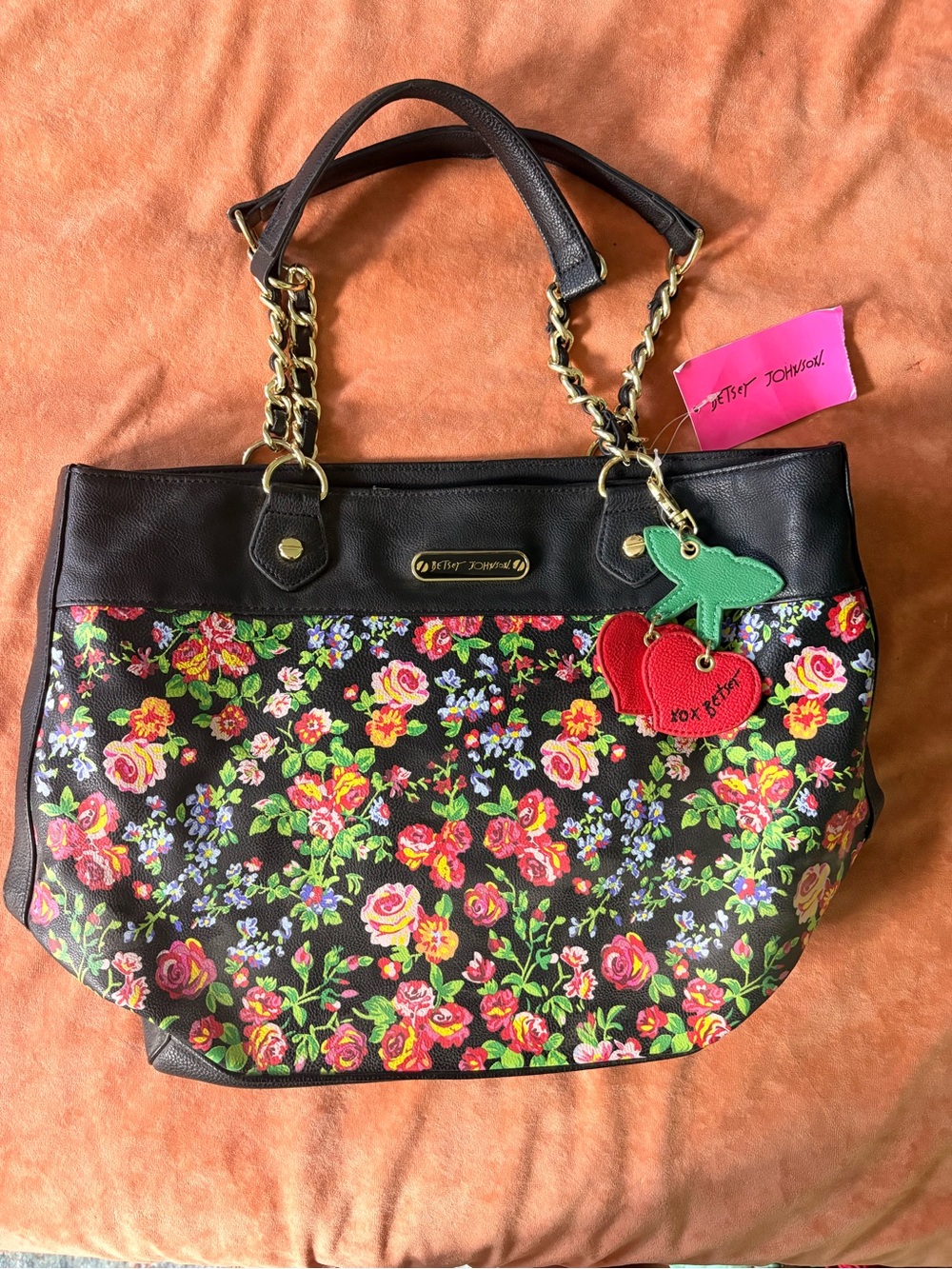 Betsey Johnson 15” Black Colorful Floral Chain-Handle Shoulder Bag
